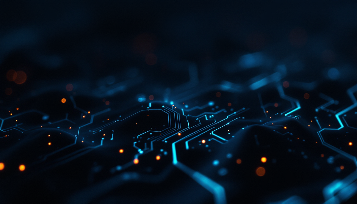Placa de circuito escura com tracos luminosos cyan e pontos ambar, textura tecnologica de fundo