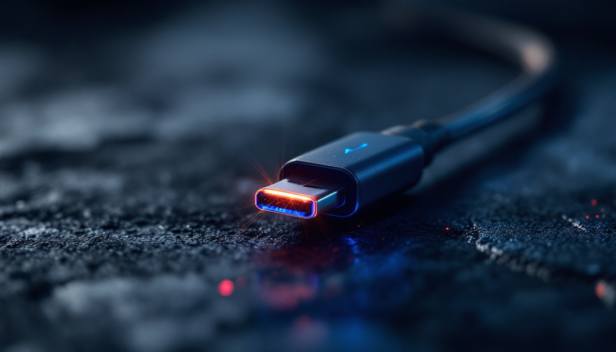 Macro de conector USB-C com brilho neon ambar e cyan, simbolizando a conexao Plugue-se