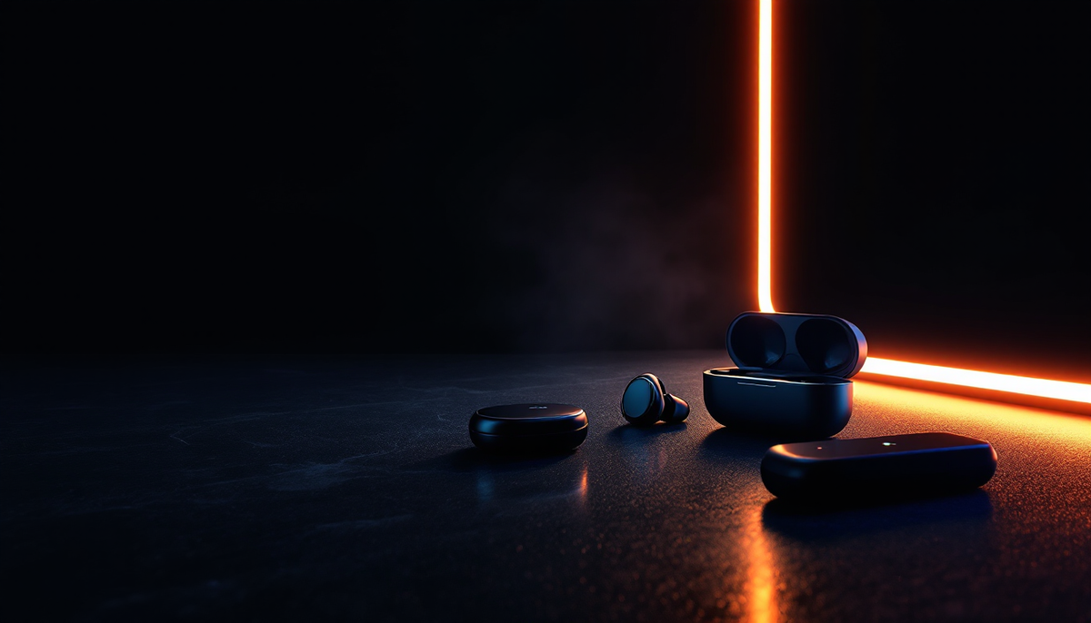 Gadgets de tecnologia premium sobre superficie obsidiana reflexiva, com linha de neon ambar e fones de ouvido; lado esquerdo escuro para o titulo da loja